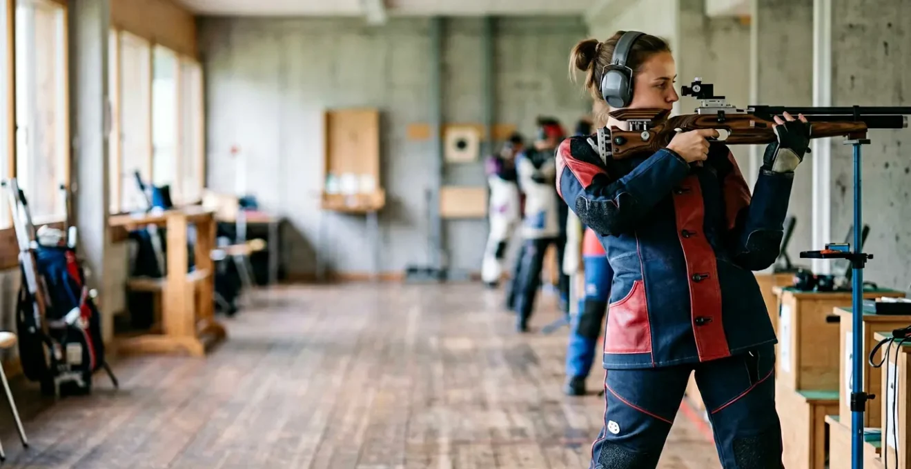 Tireur sportif en position de tir montrant la technique de respiration abdominale dans un stand de tir professionnel
