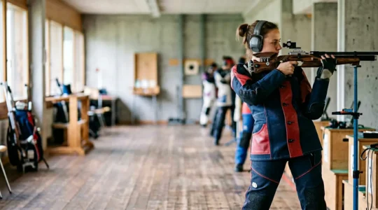 Tireur sportif en position de tir montrant la technique de respiration abdominale dans un stand de tir professionnel