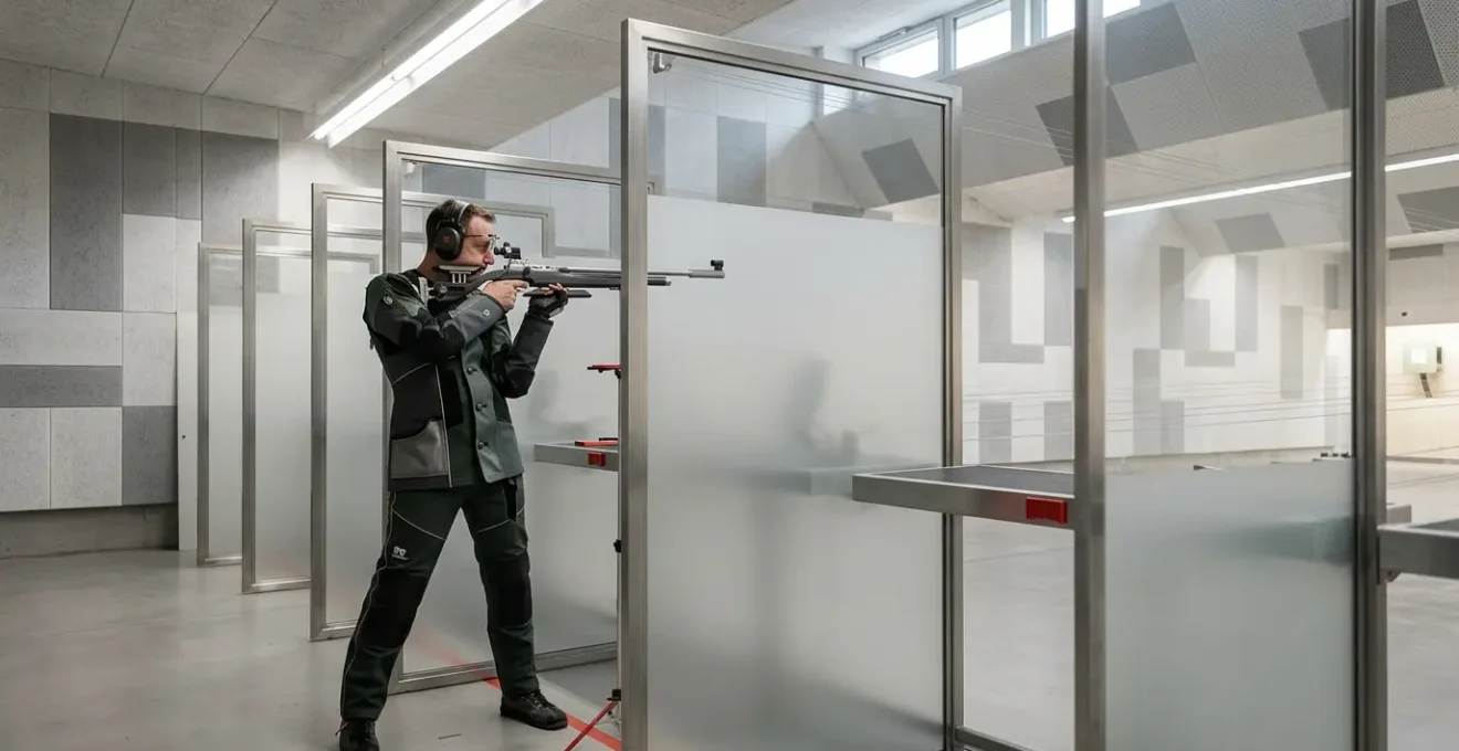 Tireur sportif suisse en stand de tir avec équipement conforme aux nouvelles réglementations