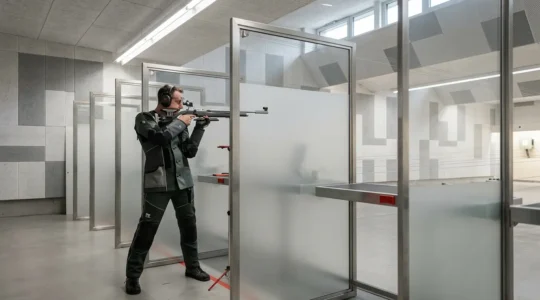 Tireur sportif suisse en stand de tir avec équipement conforme aux nouvelles réglementations