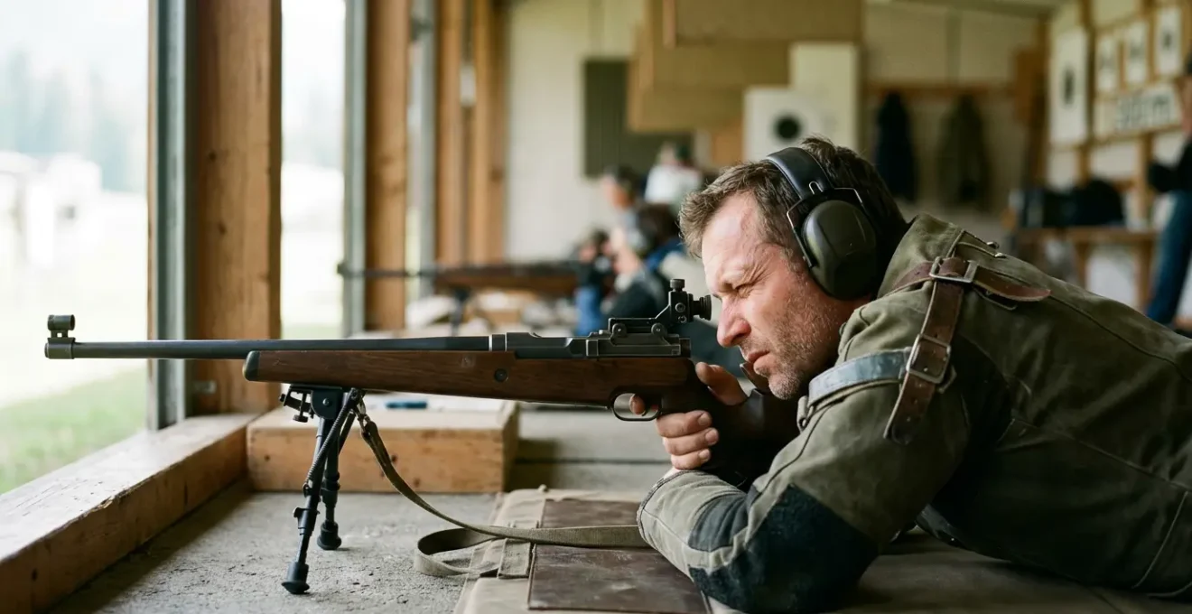 Tireur sportif concentré en position couchée avec un Fass 90 dans un stand de tir suisse
