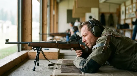 Tireur sportif concentré en position couchée avec un Fass 90 dans un stand de tir suisse