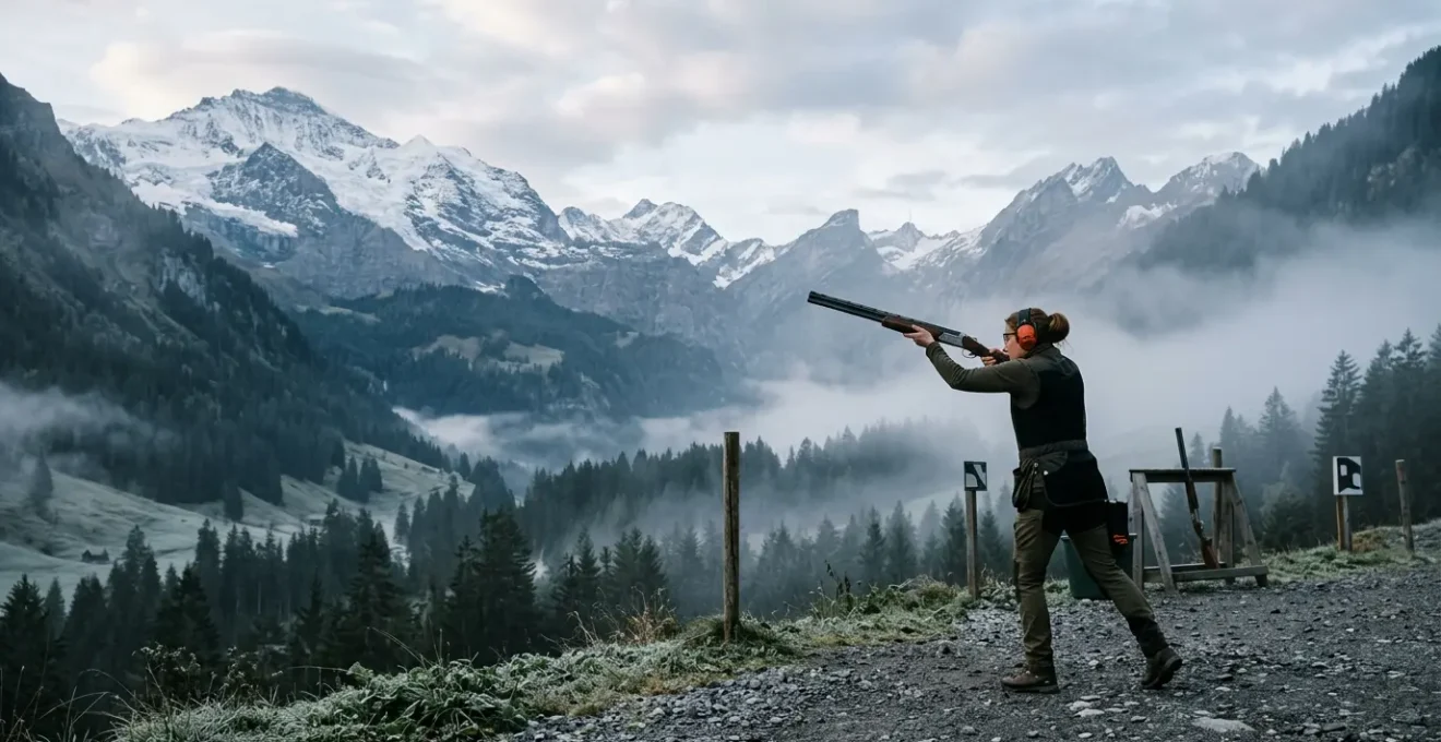 Tireur au stand de tir sportif en Suisse entouré de montagnes dans une séance d'initiation au ball-trap