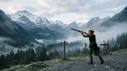 Tireur au stand de tir sportif en Suisse entouré de montagnes dans une séance d'initiation au ball-trap