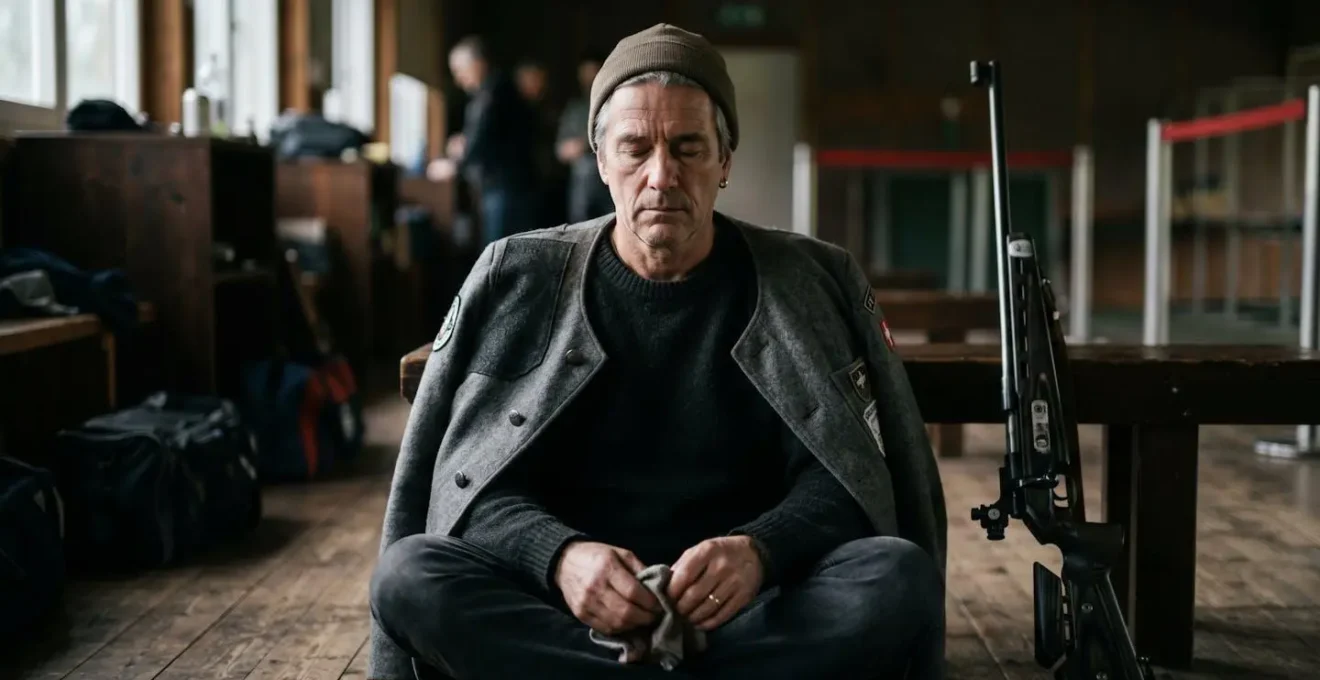 Portrait d'un tireur en méditation avec son fusil posé à côté dans un environnement calme