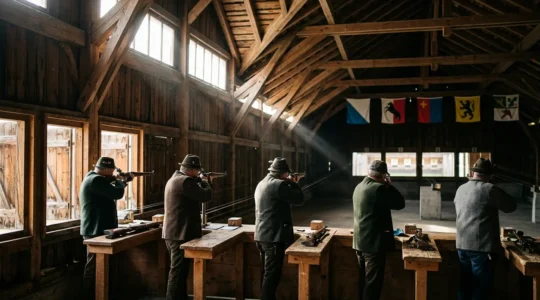 Tireurs sportifs en action lors d'une fête cantonale de tir en Suisse dans un stand de tir traditionnel