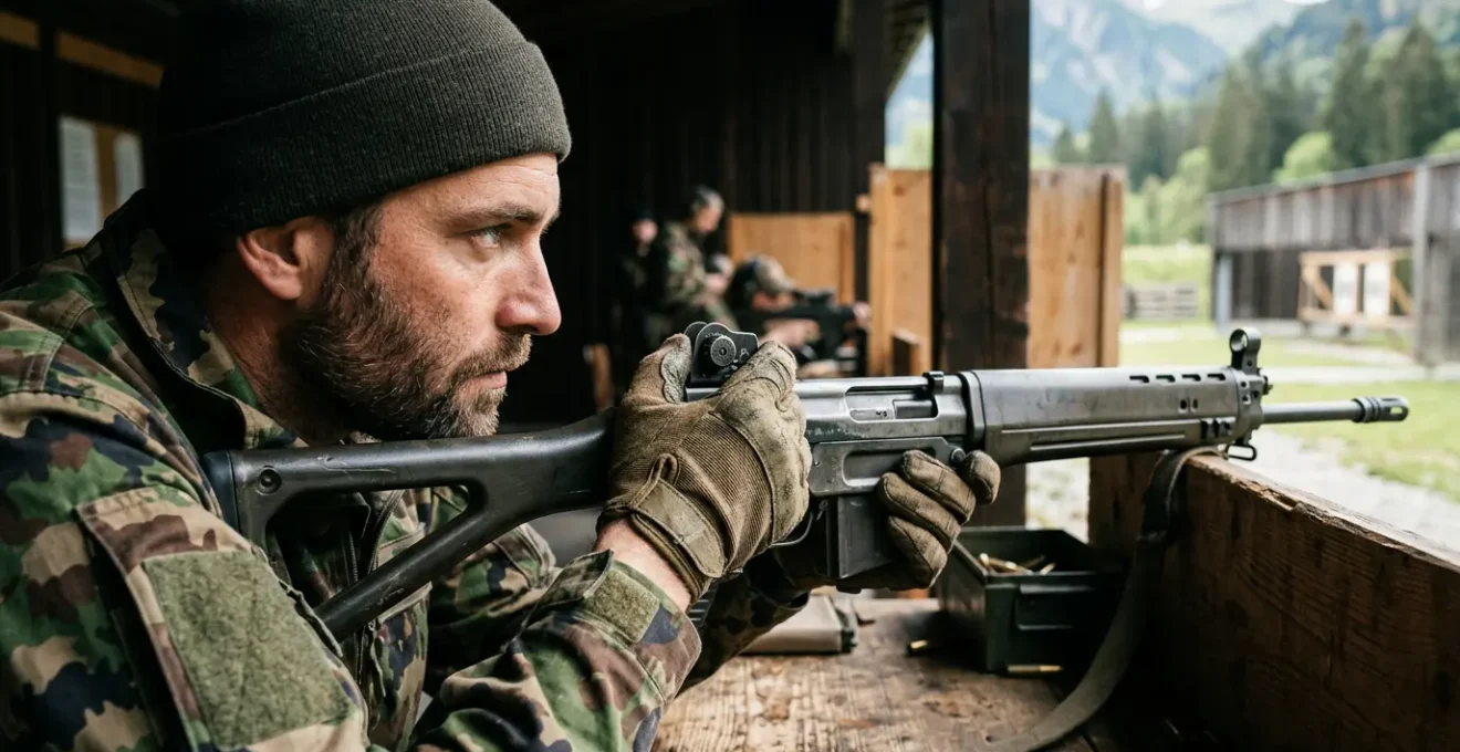 Tireur expérimenté alignant méticuleusement son guidon et sa hausse sur un Fass 90 dans un stand de tir suisse
