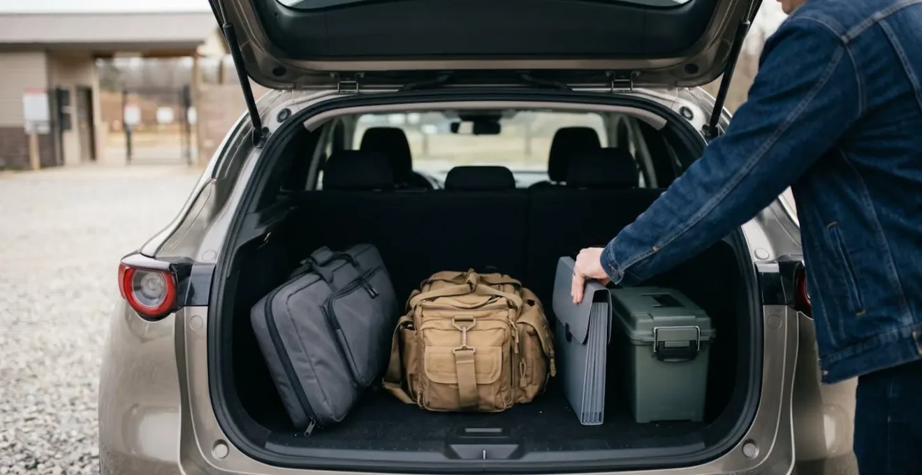 Intérieur de coffre de voiture avec équipement de tir correctement rangé : une mallette d'arme et une boîte à munitions séparées.
