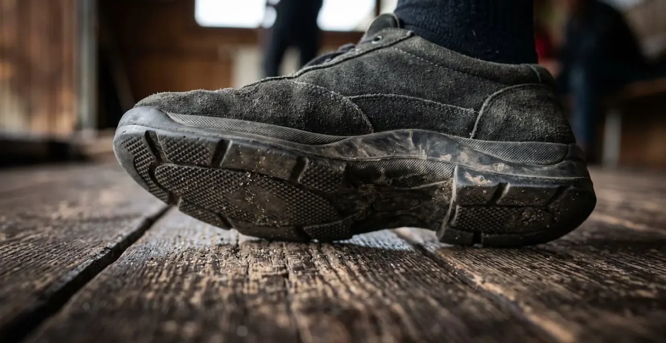 Vue macro sur le positionnement des pieds d'un tireur montrant le trépied podal