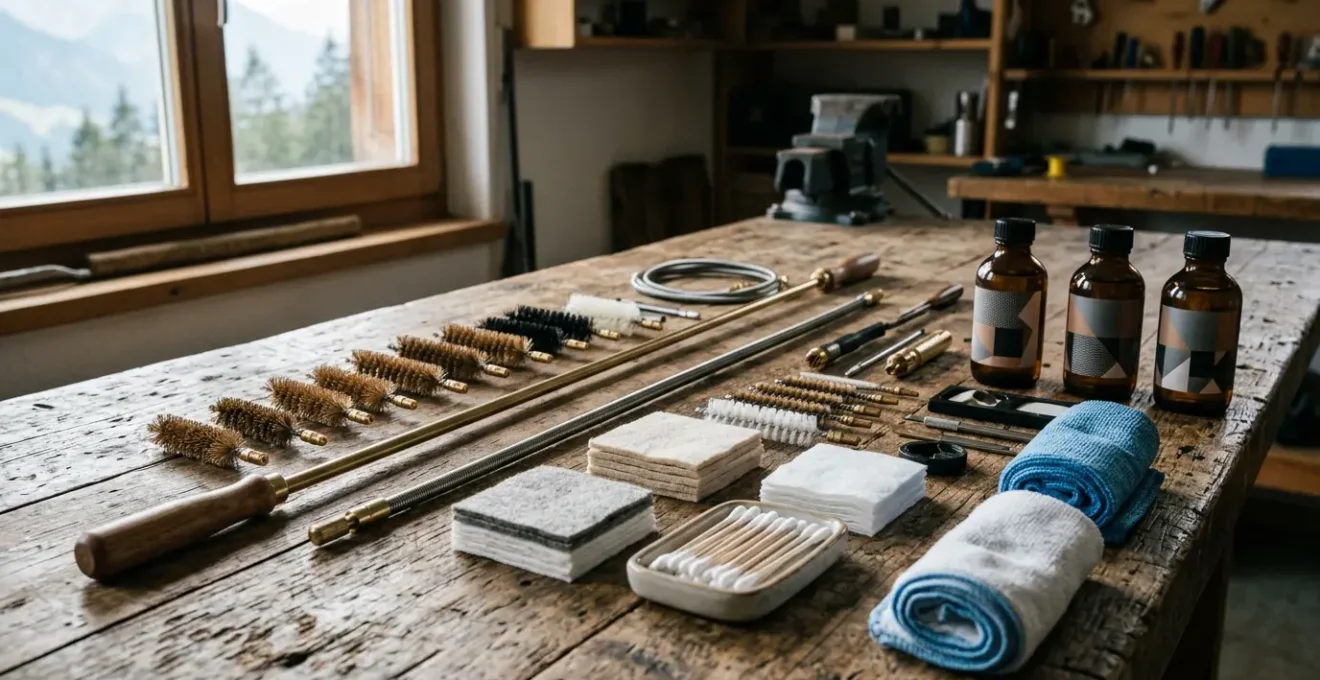 Arrangement professionnel d'accessoires de nettoyage pour fusil d'assaut avec brosses métalliques, baguettes rigides et produits d'entretien sur surface texturée