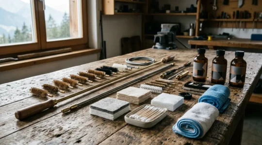 Arrangement professionnel d'accessoires de nettoyage pour fusil d'assaut avec brosses métalliques, baguettes rigides et produits d'entretien sur surface texturée