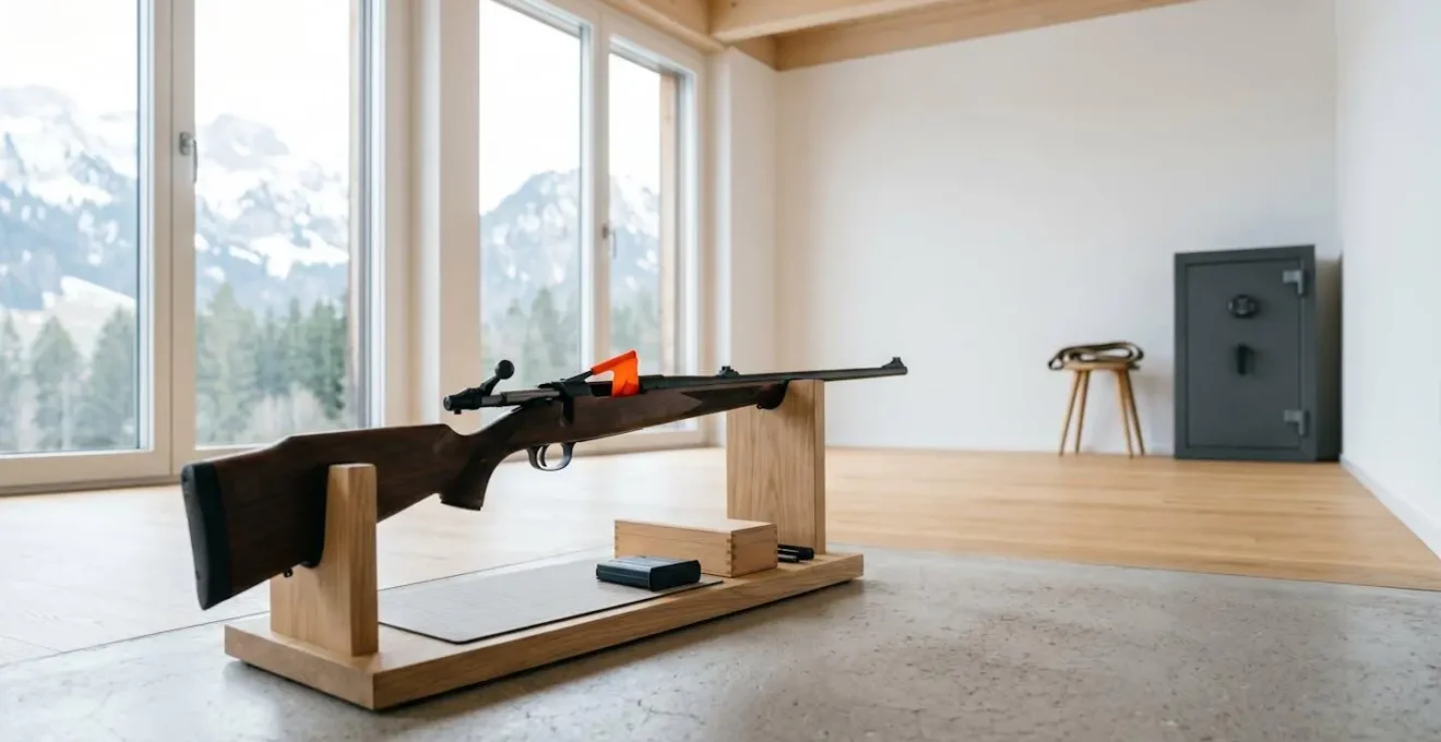 Espace d'entraînement au tir à sec sécurisé dans un intérieur moderne avec arme posée sur support et coffre visible en arrière-plan