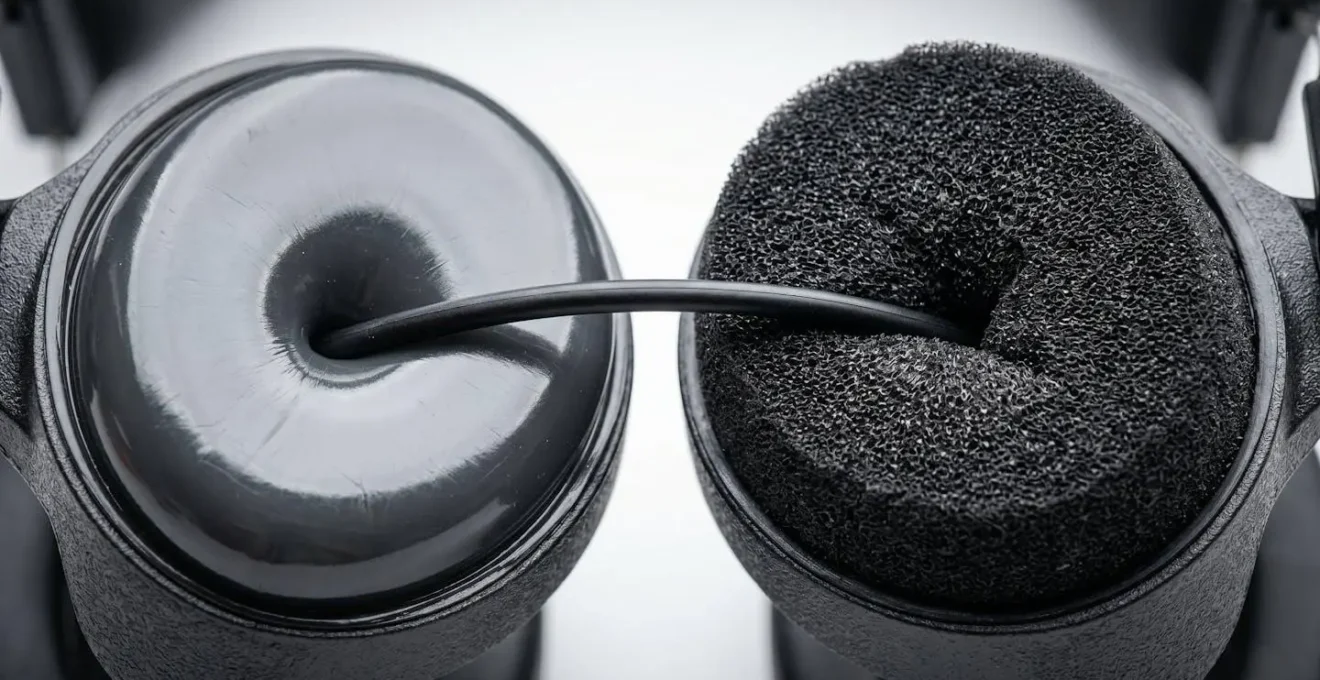 Gros plan comparatif de coussinets gel et mousse pour casque antibruit de tir montrant les différences de texture et d'adaptation